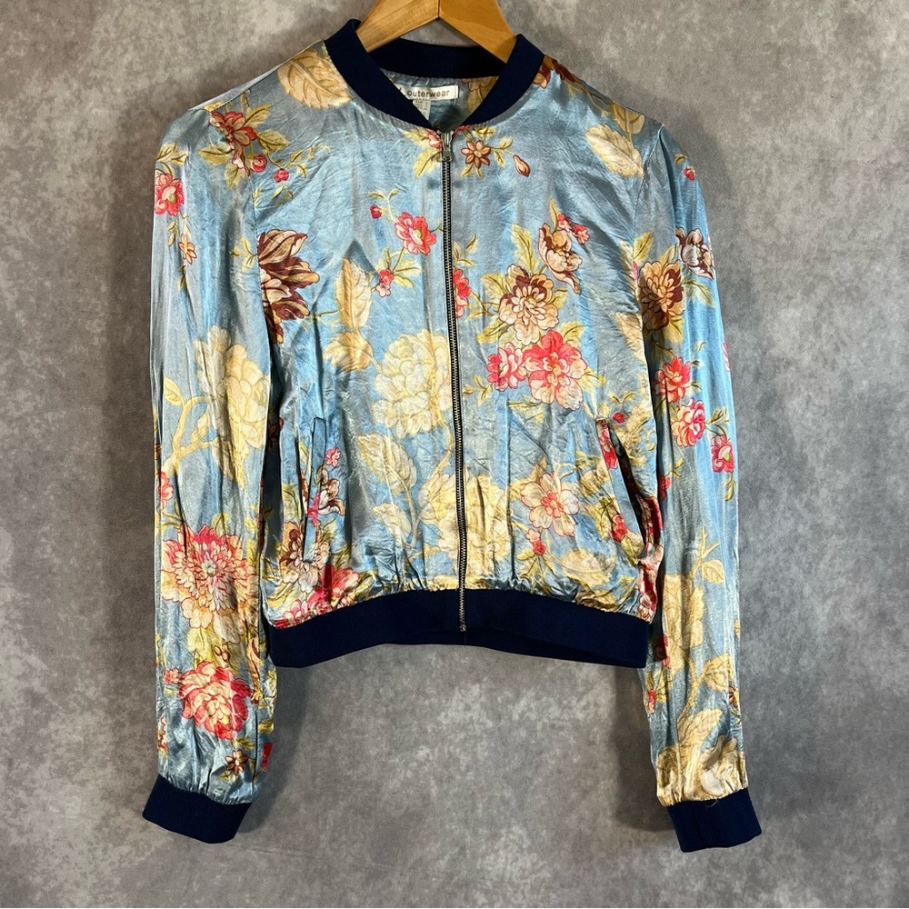 Zara Trf Asian Outwear Floral Bomber Jacket Small Zip Front Soft Satin w/Pockets